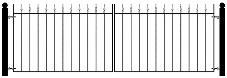 Simple wrought iron driveway gate, shown with steel posts.